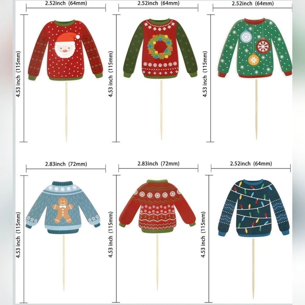 36 Pcs Christmas Cupcake Toppers, 6 Ugly Sweater Designs, Holiday Party Decor